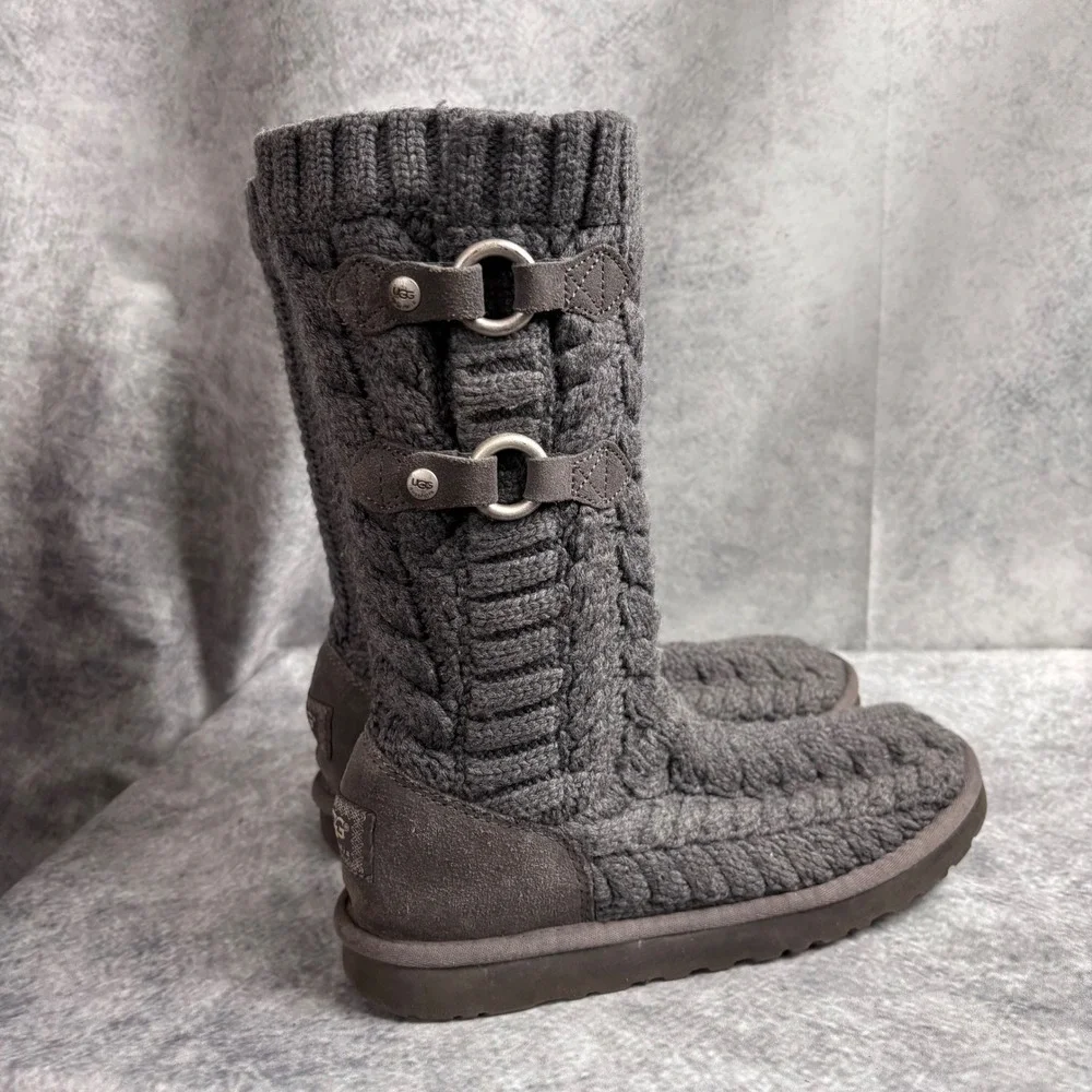 UGG Tularosa Women's‎ Gray Cable Knit Mid-Calf Boots Sheepskin Lined 3177 SIZE 8